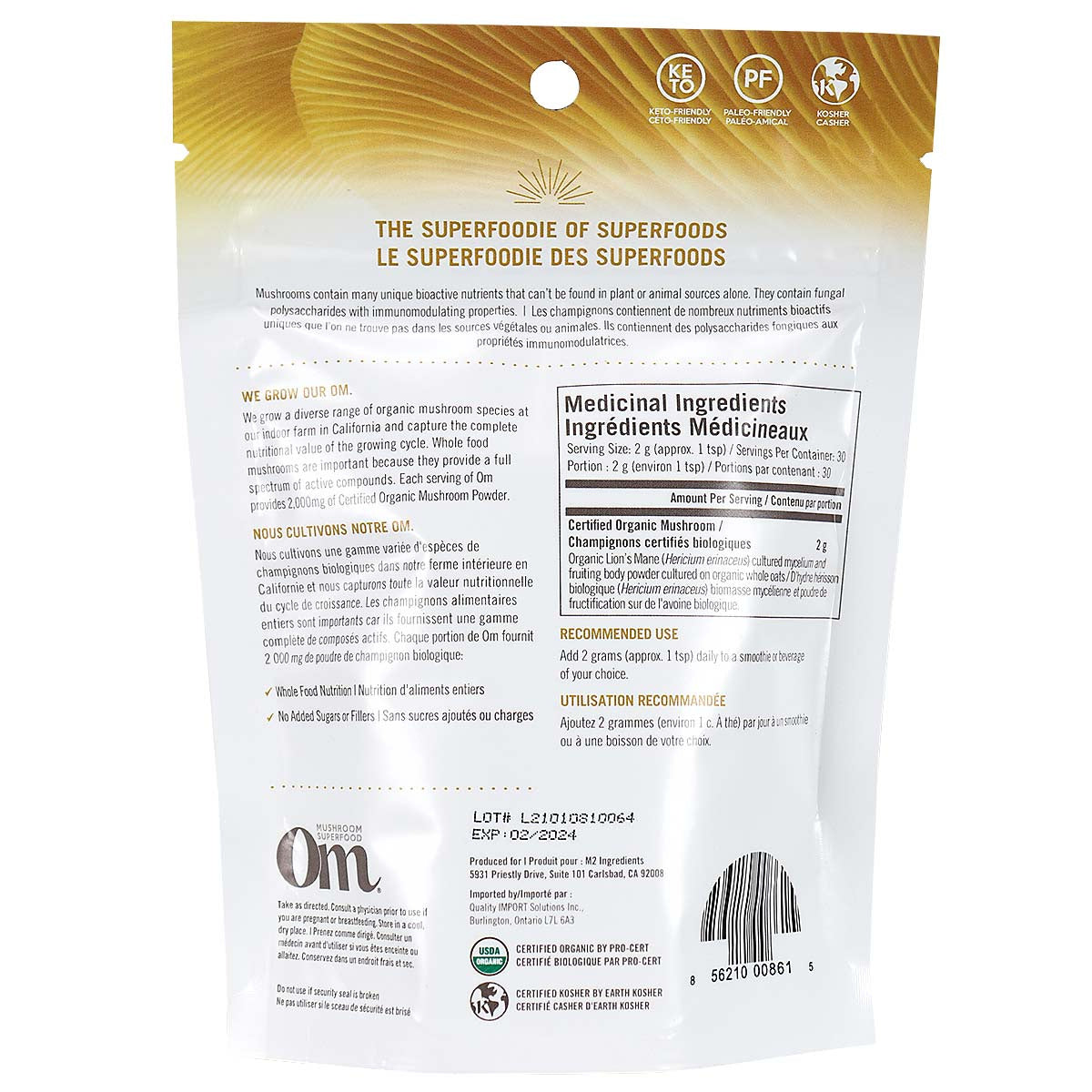 OM Mushroom Superfood - Lion's Mane Certified Organic Mushroom Powder - 60g