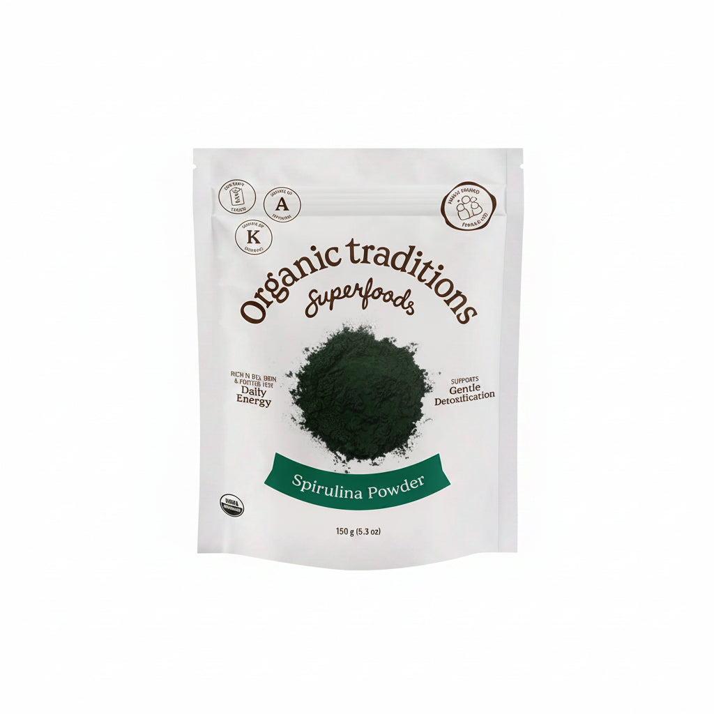 Package of Organic Traditions Spirulina Powder on a white background