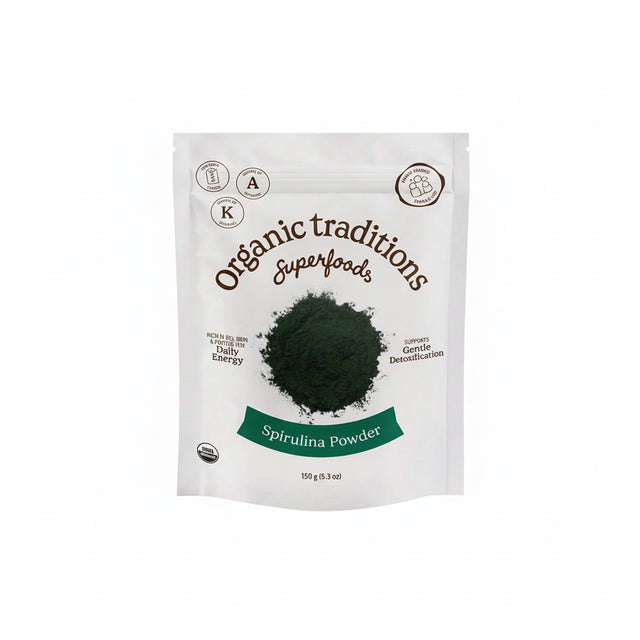 Package of Organic Traditions Spirulina Powder on a white background