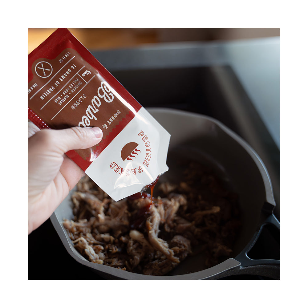 Protein Basics™ Barbecue flavor packet poured over pulled pork – 16g protein