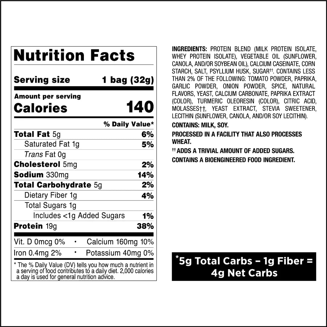 Nutrition facts label for a protein product with detailed ingredient list for Quest Nutrition Protein Chips BBQ.