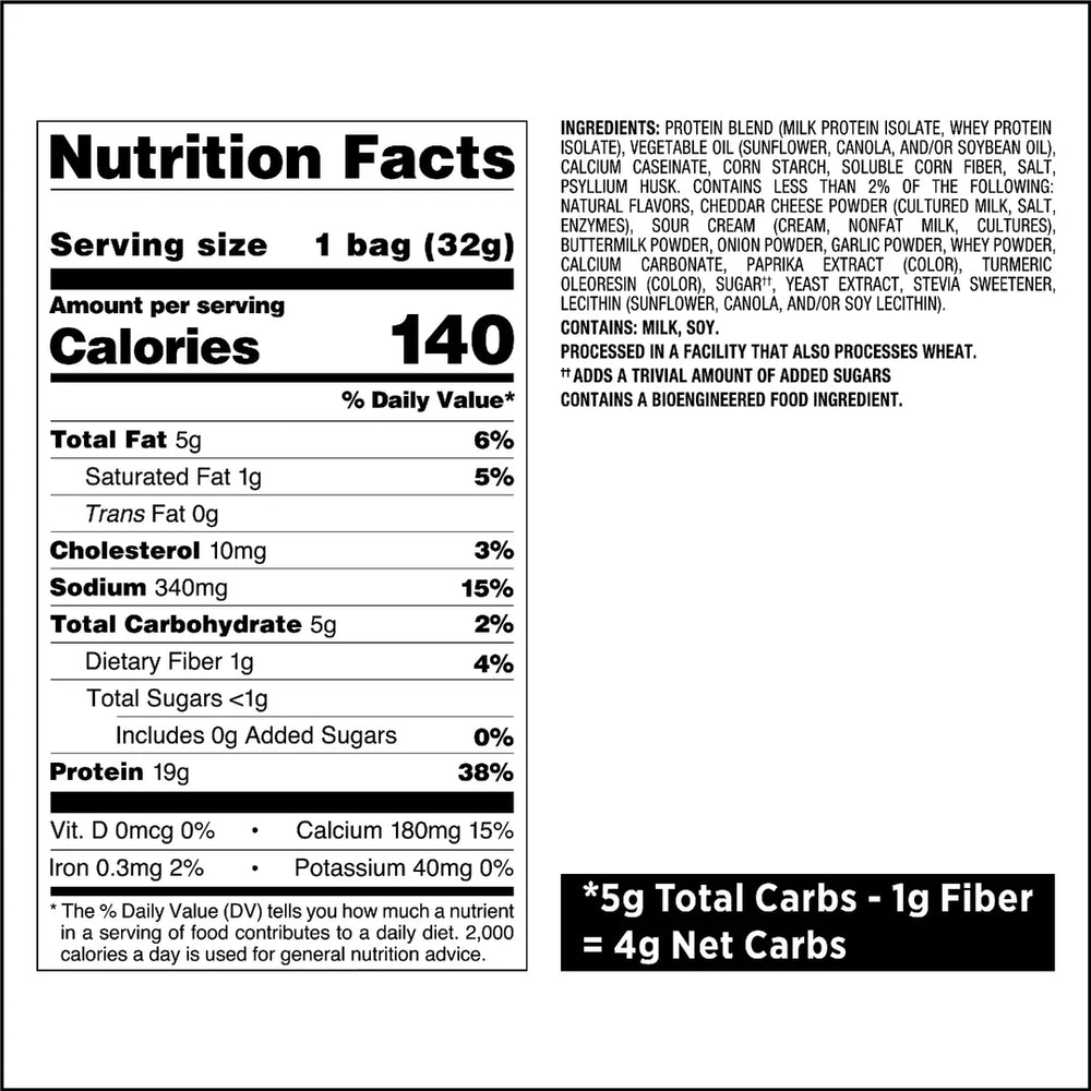 Nutrition facts label for a protein product with detailed information on calories, macronutrients, and micronutrients for quest nutrition chips cheddar and sour cream.