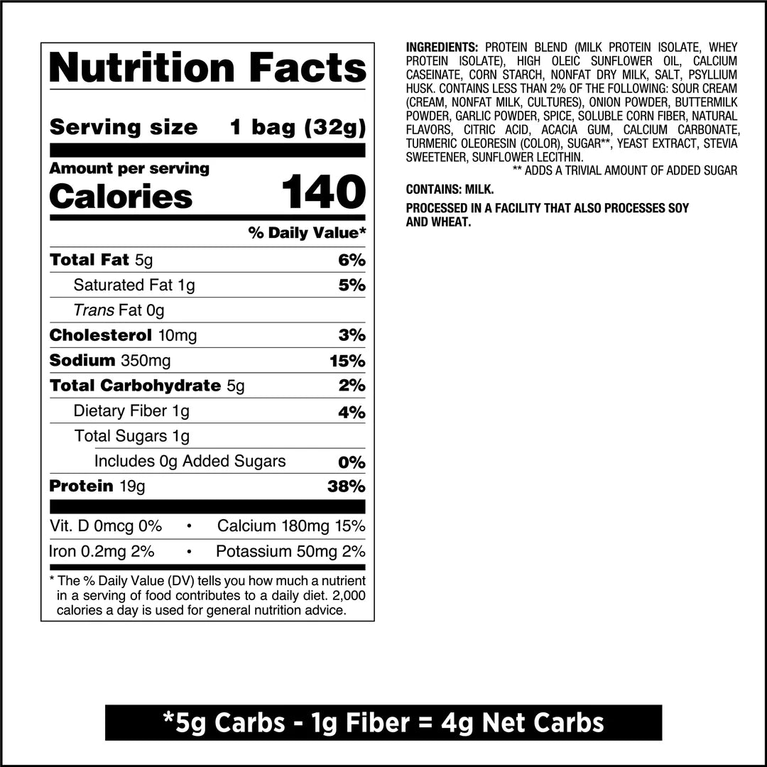 Nutrition facts label for a protein chisp from quest nutrition flavor sour cream onion.