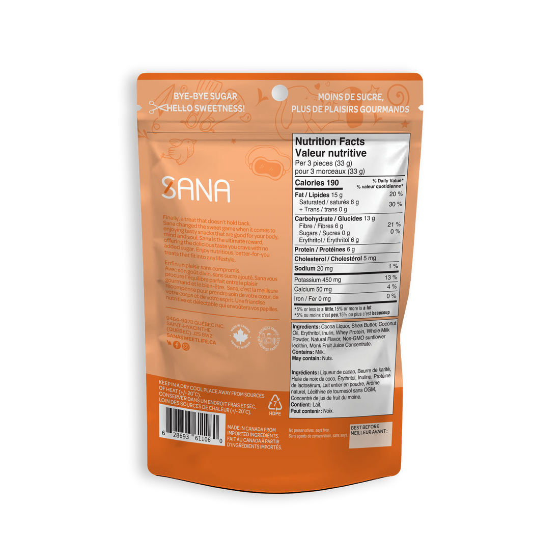 Sana - Bouchées chocolatées sans sucre ajouté - 100 g