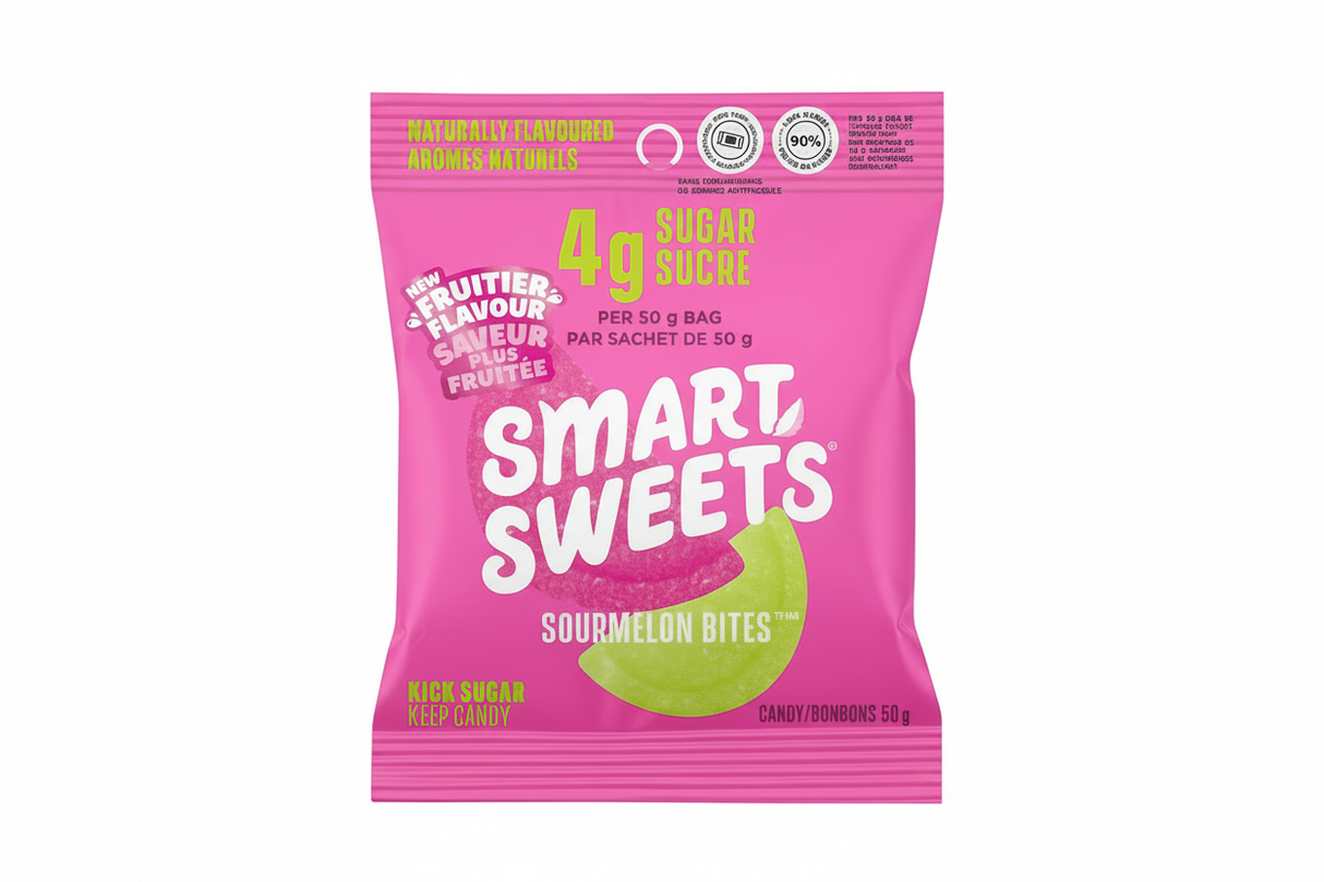 Pink package of Smart Sweets Sourmelon Bites on a transparent background