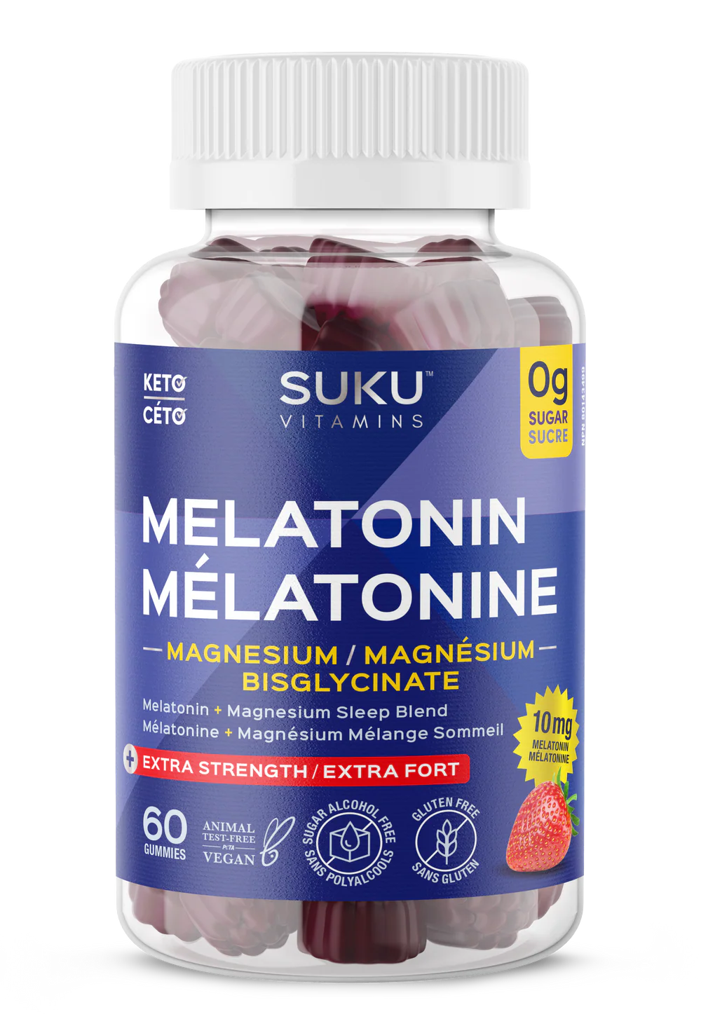 Bottle of Suku Vitamins Melatonin gummies with a white background