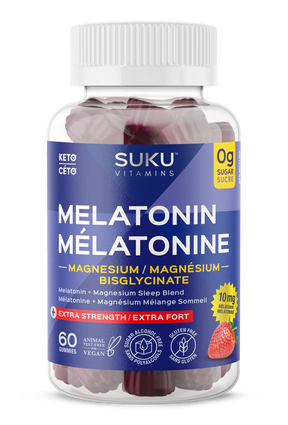 Bottle of Suku Vitamins Melatonin gummies with a white background
