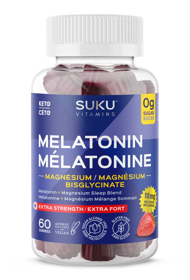 Bottle of Suku Vitamins Melatonin gummies with a white background