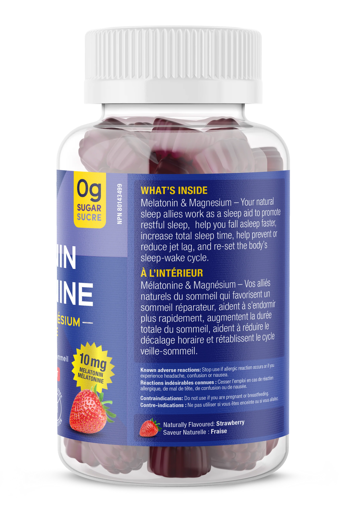 Bottle of Melatonin and Magnesium supplement with visible label on a white background