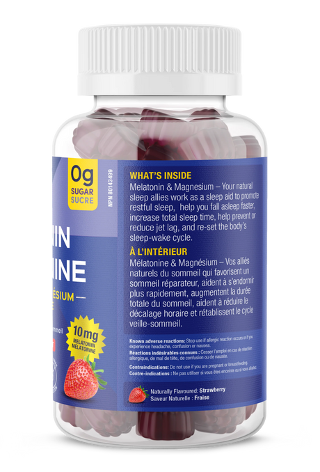 Bottle of Melatonin and Magnesium supplement with visible label on a white background