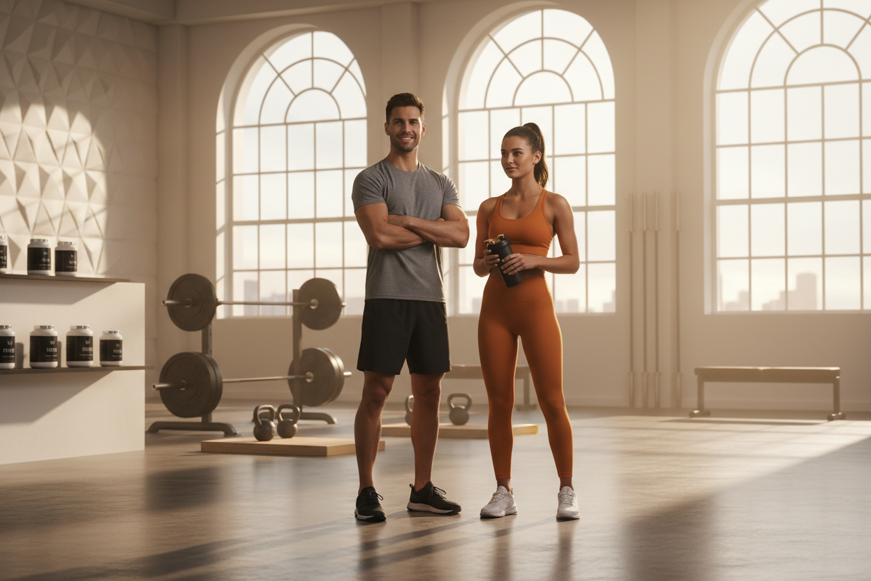 Ultra-realistic cinematic hero image for a premium sports nutrition e-commerce website.
Early morning gym with soft sunrise light coming through large windows.
Athletic man and woman with natural, realistic physiques (not extreme, not bodybuilder).
Cal
