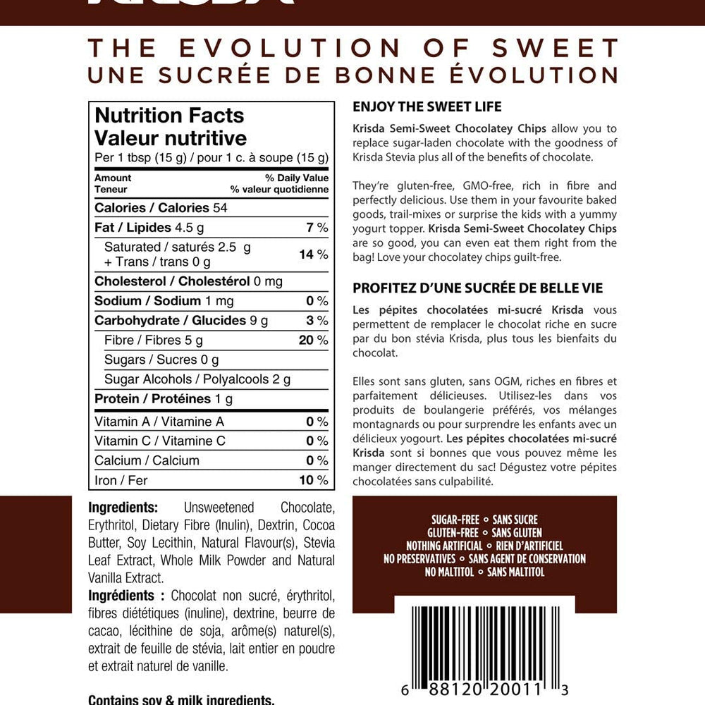 Krisda - Pépites de chocolat mi-sucré Stevia Keto - 285g