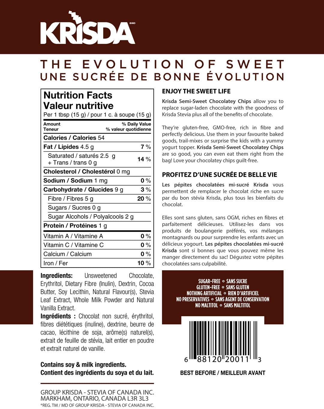 Krisda - Pépites de chocolat mi-sucré Stevia Keto - 285g