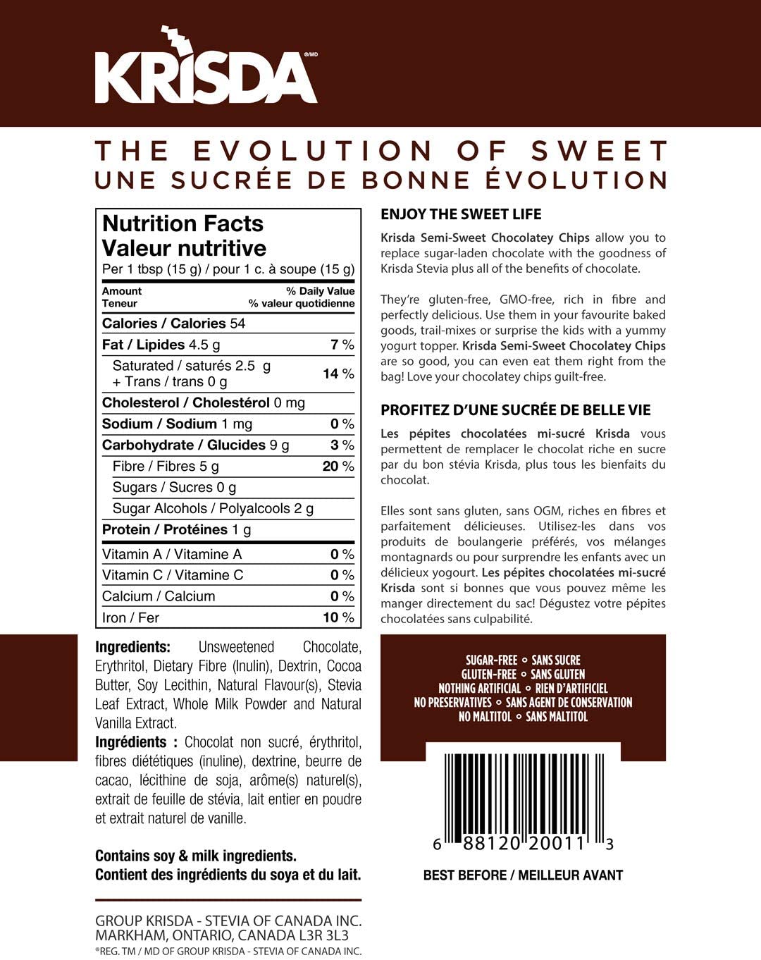 Krisda - Stevia Keto Semi Sweet Chocolate Chips - 285g