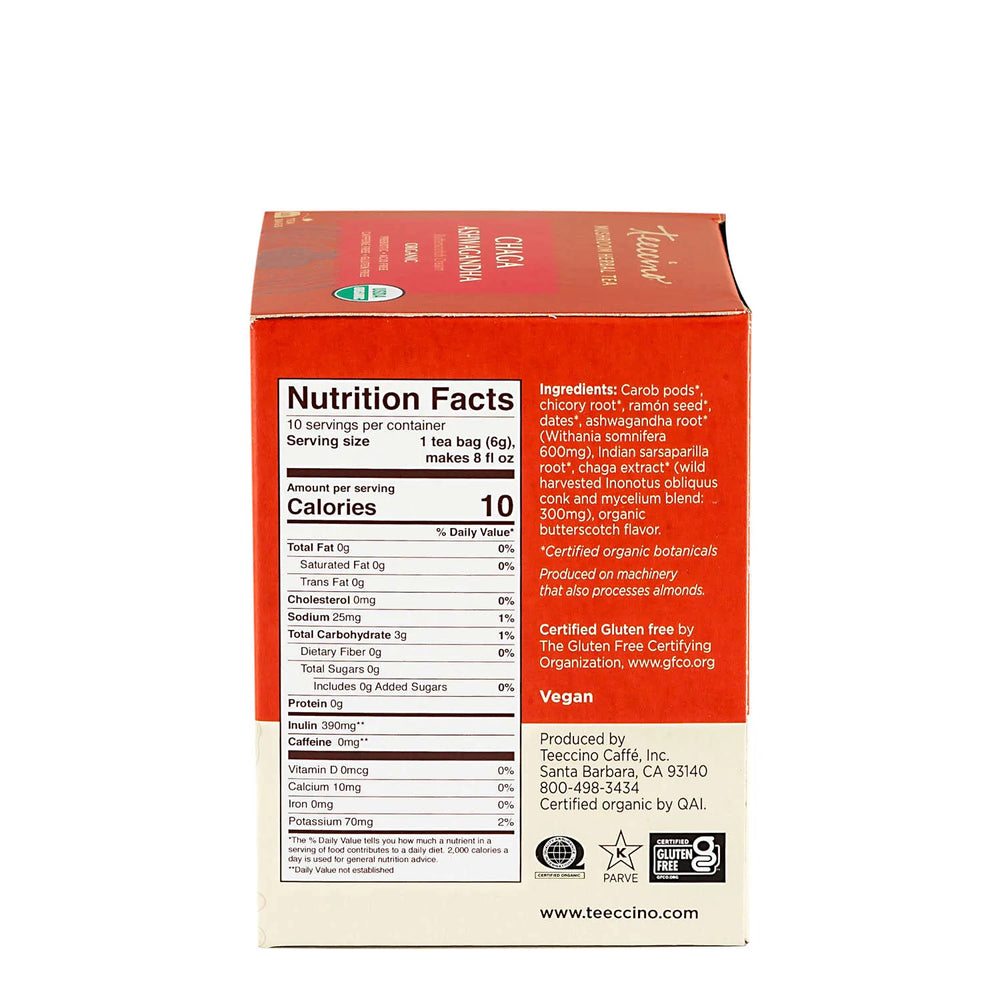 Teeccino - Chaga Ashwagandha Mushroom Herbal Tea - 10 Tea Bags