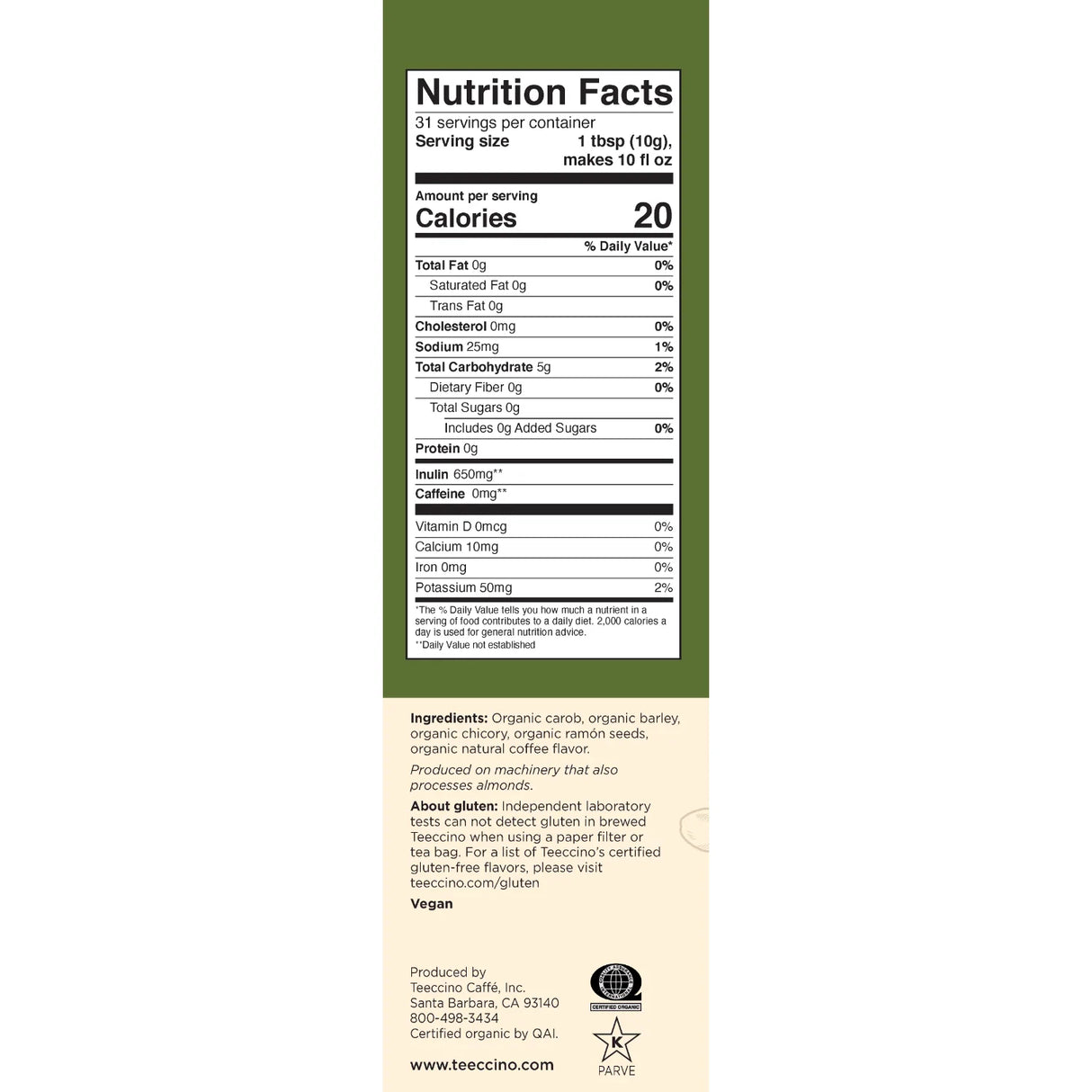 Teeccino - French Roast Chicory Herbal Coffee - 300g