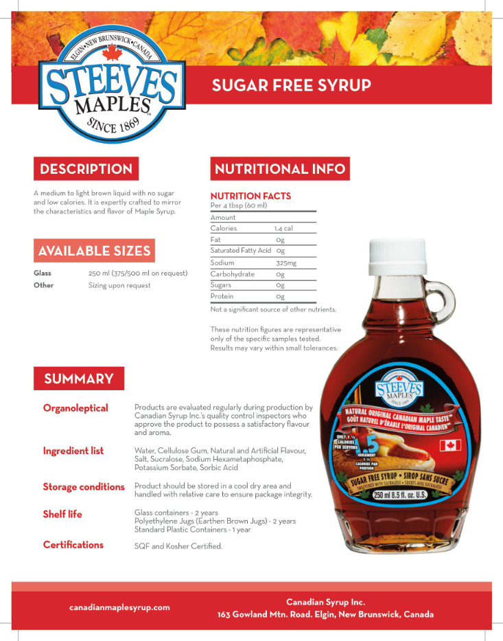 Steeves Maples - Sugar Free Canadian Maple Syrup - 500ml